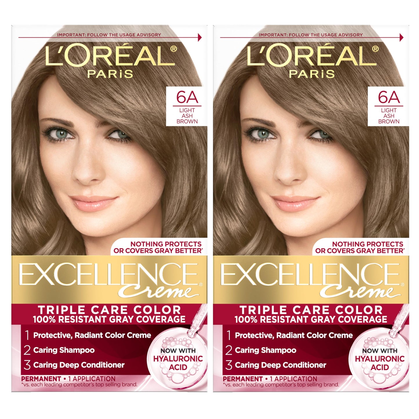 L'Oreal Paris Excellence Crème Permanent Hair Dye, Triple Care Hair Color with Hyaluronic Acid for 100% Gray Coverage, 6A Light Ash Brown, 1 Kit (Pack