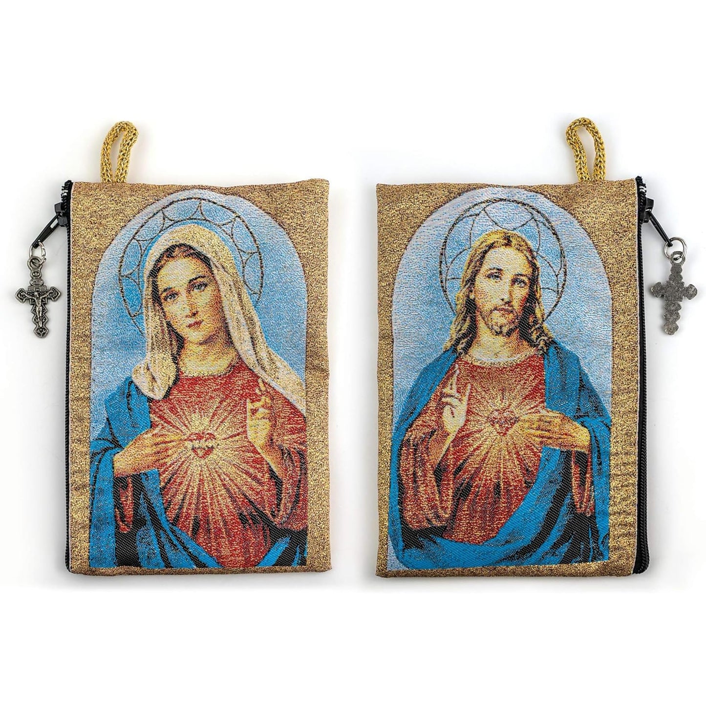catholic rosary pouch, immaculate heart of mary & sacred jesus, 4" x 6" jewelry coin purse with cross, small woven tapestry icon bag, bolsa de…