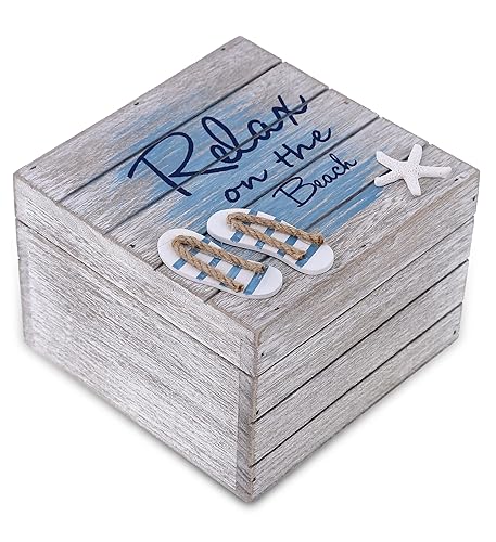 CoTa Global Aqua Sky Relax Wooden Box - Large Handcrafted Nautical Trinket with Sandals and Starfish Decoration, Accent Tabletop Home Decor, Beach…