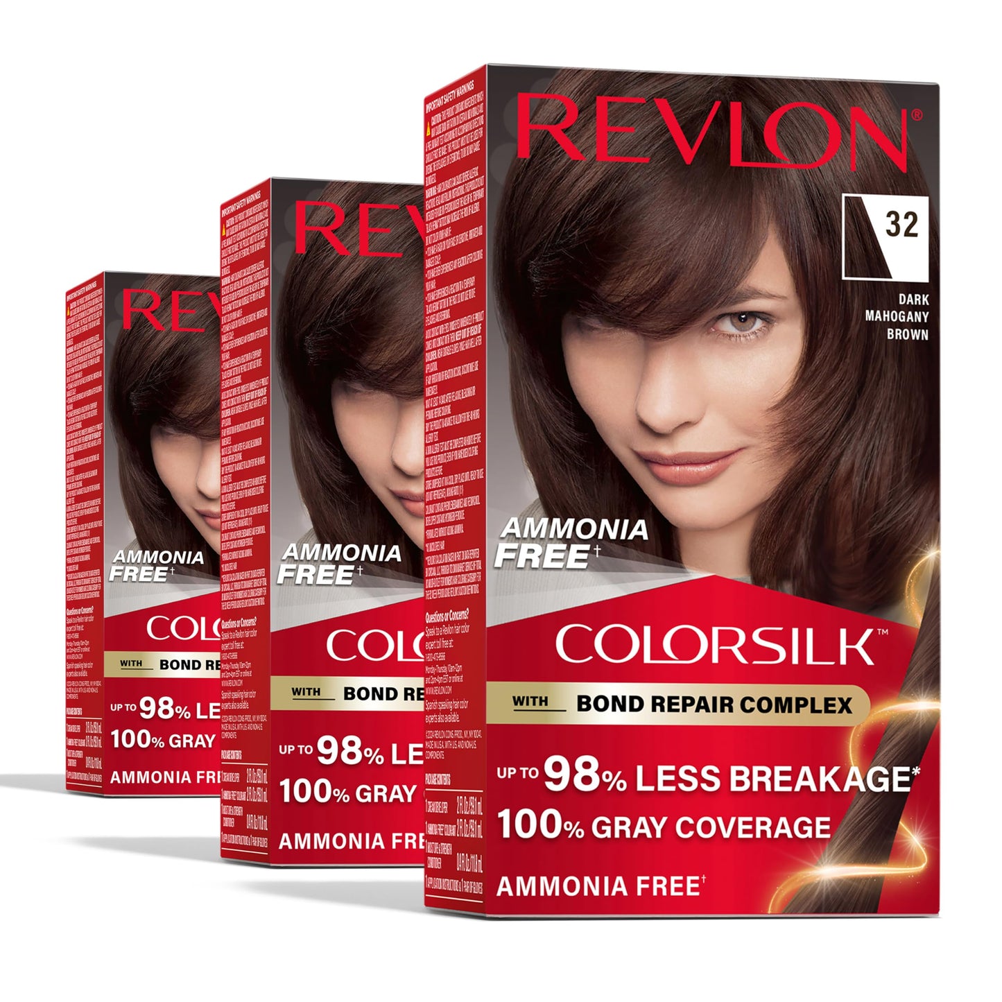 Revlon ColorSilk with Bond Repair Complex, Brown Permanent Hair Color, 100% Gray Coverage, Ammonia Free Hair Dye, Vegan Keratin, 32 Dark Mahogany