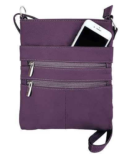 Roma Leathers Mini Body Purse - Multi Pocket Double Zipper Cross Body Handbag - Premium Purple Leather - Adjustable Shoulder Strap - Convenient…