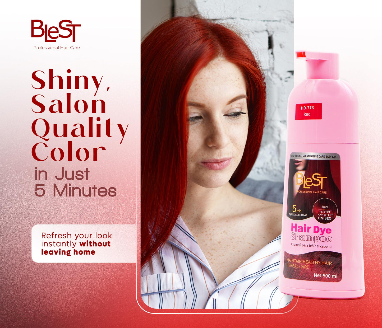 BLEST PROFESSIONAL HAIR CARE Hair Dye 2-in-1 Shampoo Color for Quick Gray Coverage - Semi Permanent Hair Color for Men and Women - 500ml (Red)