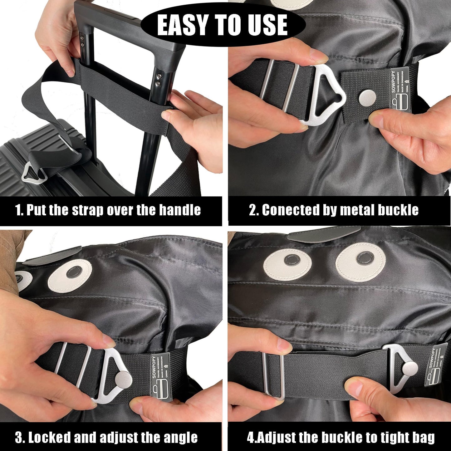 SOWPOPY Travel Belt for Luggage – Adjustable Add-a-Bag Strap, 2-in-1 Elastic Suitcase Belt Over Handle for Carry-On & Travel Accessories (Black)
