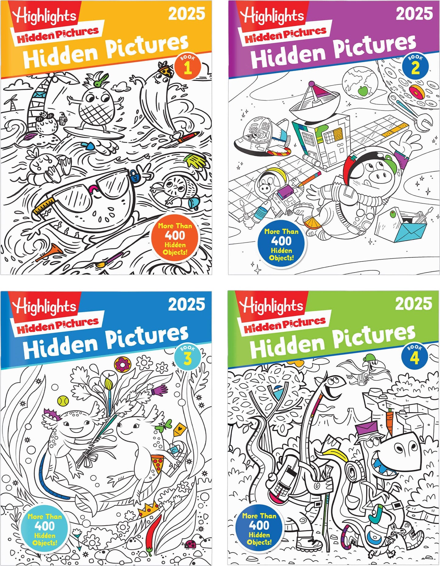 Highlights Hidden Pictures 2025 – 4-Book Activity Set for Kids Ages 6+, Travel-Friendly Seek & Find with Coloring Fun, Screen-Free Play