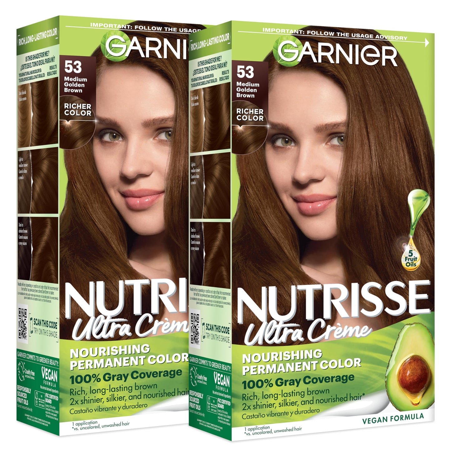 Garnier Nutrisse Ultra Crème Hair Color, Permanent Hair Dye with 100% Gray Coverage, Vegan & Cruelty-Free, 53 Medium Golden Brown (Chestnut), 2 Count