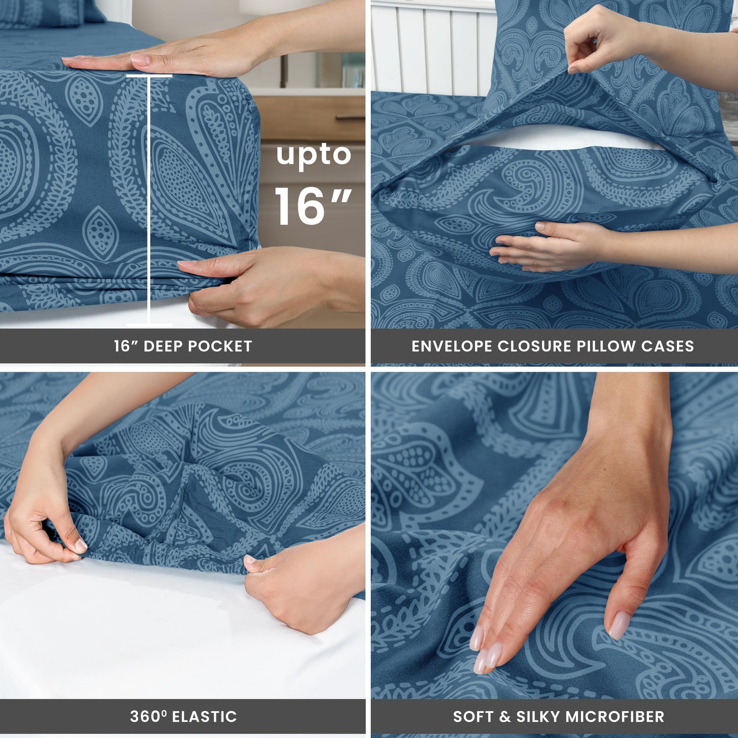 LUX Décor Paisley King Sheet Set - 6 Piece Ultra-Soft Microfiber Bed Sheets with Flat Sheet, 16 Inches Deep Pocket Fitted Sheet & 4 Pillowcases,