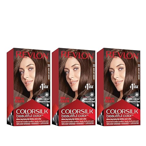 Revlon Permanent Hair Color, Permanent Hair Dye, Colorsilk with 100% Gray Coverage, Ammonia-Free, Keratin and Amino Acids, 33 Dark Soft Brown, 4.4 Oz