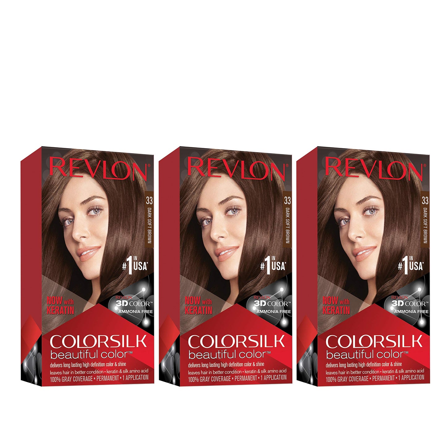 Revlon Permanent Hair Color, Permanent Hair Dye, Colorsilk with 100% Gray Coverage, Ammonia-Free, Keratin and Amino Acids, 33 Dark Soft Brown, 4.4 Oz