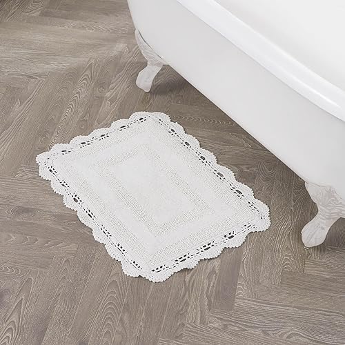Laura Ashley Absorbent Bath Mat Reversible Crochet Soft and Plush Bathroom Mat 100% Cotton 17x24 Bath Rug, White
