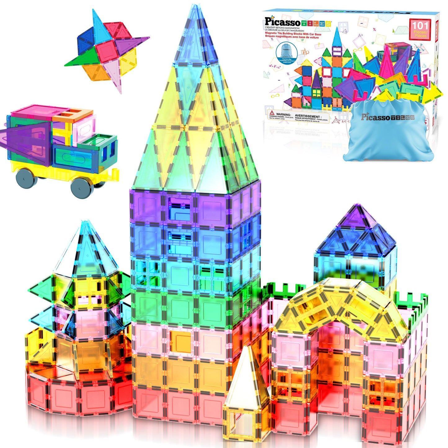 PicassoTiles 101pcs Magnetic Tiles with Car & Carry Bag – STEM Building Blocks Educational Toy Set for Kids Ages 3+ (PC101)