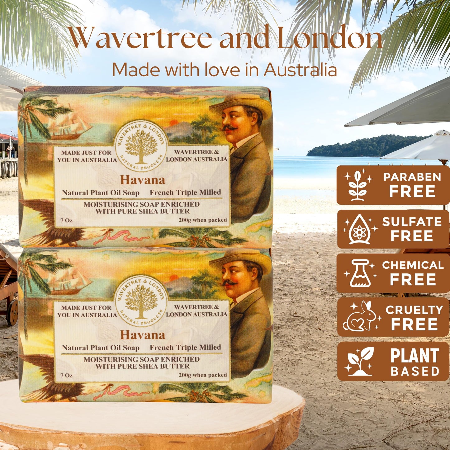 Wavertree & London Havana Scented Natural Soap (2 Bars), 7oz Moisturizing French Triple Milled Soap Bars enriched with shea butter - Pure Plant Based