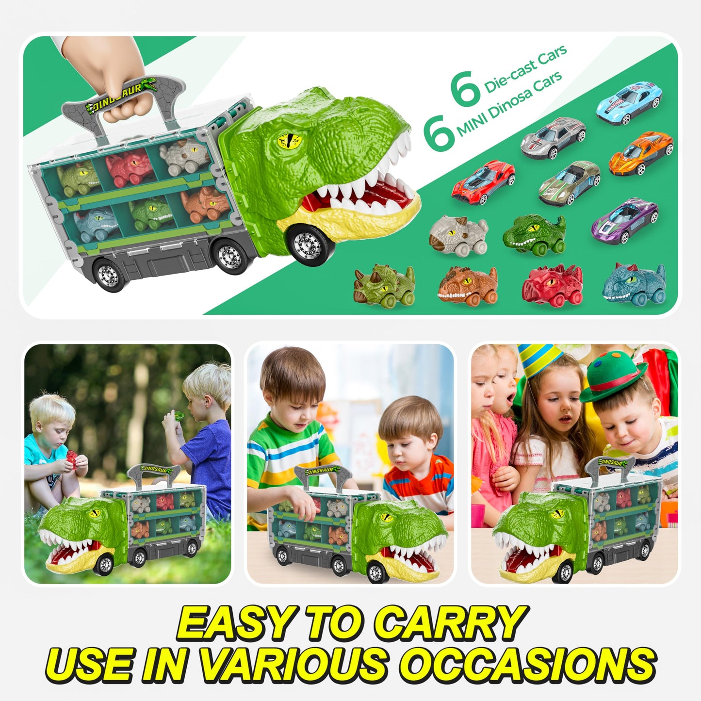 13-in-1 Dinosaur Toys Car Set – Transport Truck with Foldable Track & Race Mode, Includes 6 Dino Cars & 6 Race Cars for Kids Ages 3–6+