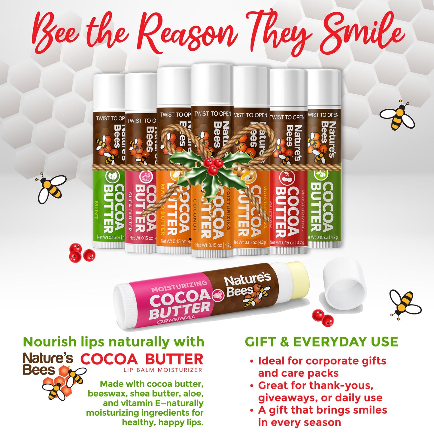 Nature's Bees, Cocoa Butter Lip Balms, Lip Moisturizer Treatment - Pack of 72, (Original Variety Assortments - Original, Olive Oil, Mango Butter, Shea