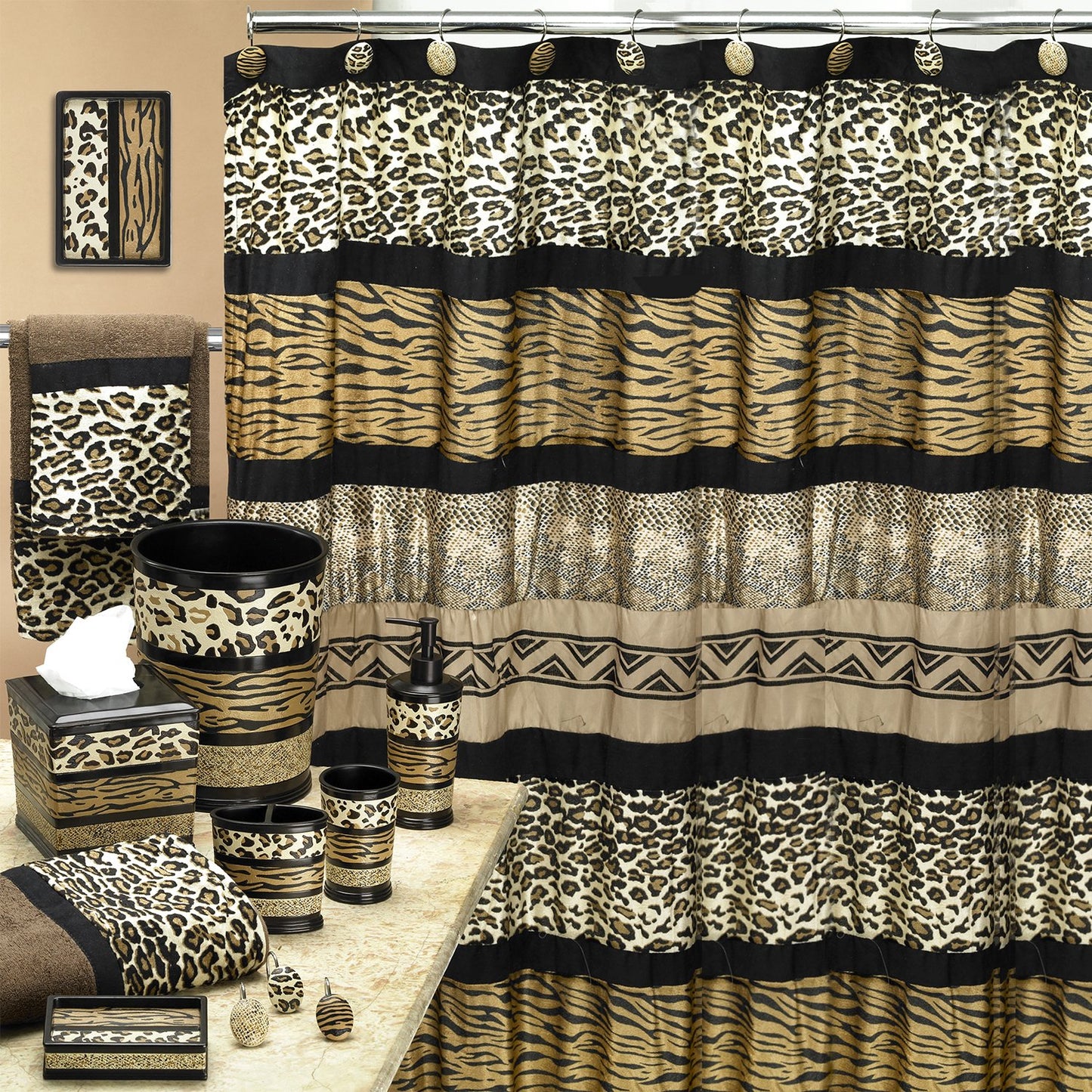 Popular Bath Bath Towels, Jezella Collection, 3-Piece Set, Animal Print, Brown, Towel Set