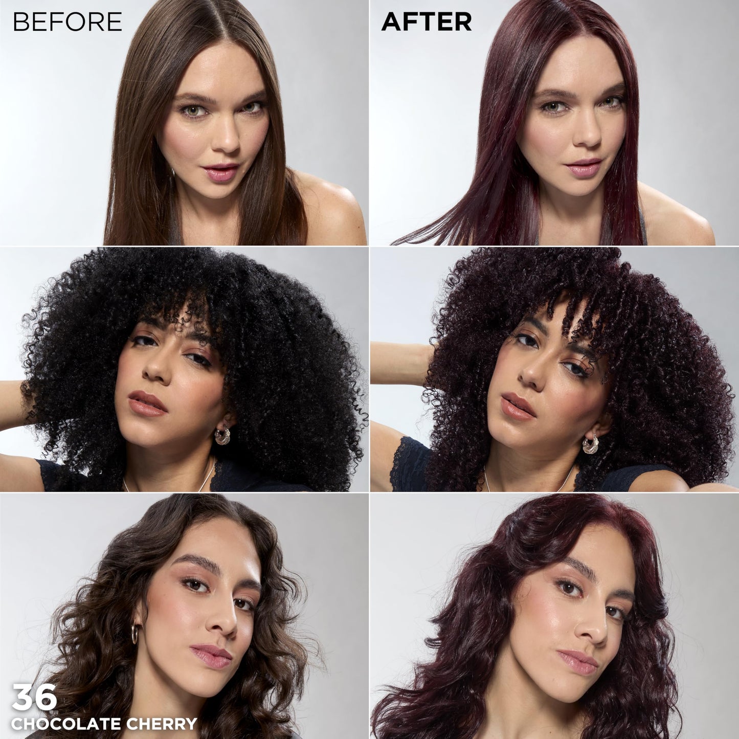 L'Oreal Paris Feria Multi-Faceted Shimmering Permanent Hair Color, 36 (Chocolate Cherry) Deep Burgundy Brown, Pack of 1 Hair Dye Kit