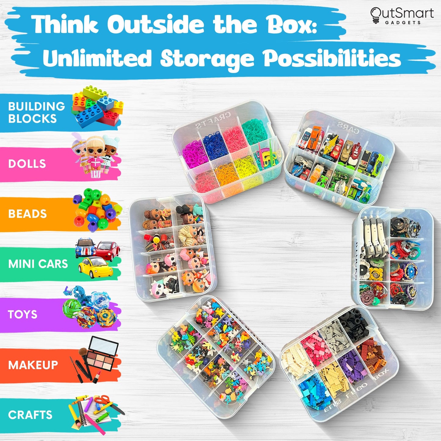 Outsmart Gadgets Stackable Toy Storage Organizer Bin for Lego, Building Bricks, Dolls, and Crafts Organization, Build on the Lid, 3 Layer Adjustable…