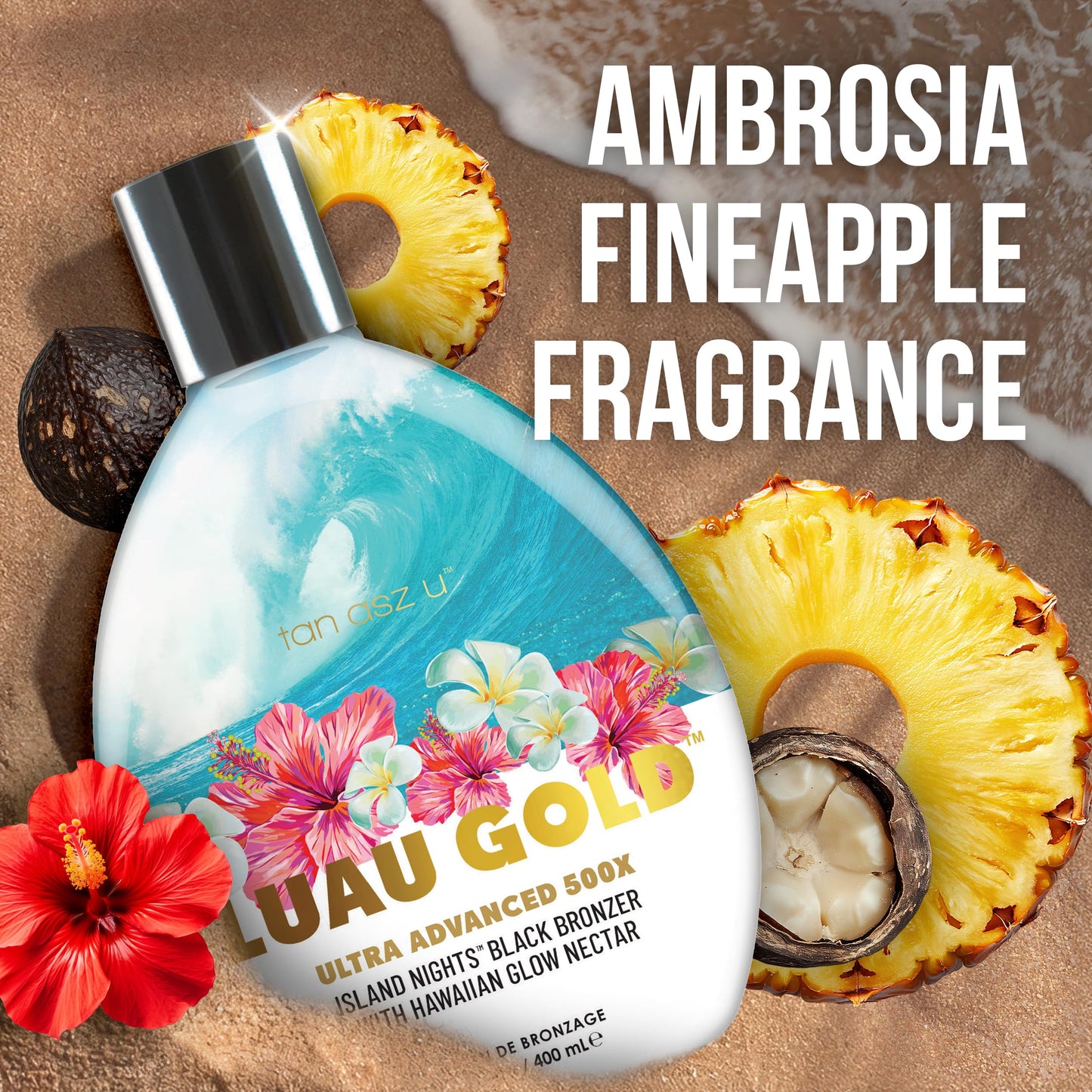 Tan Asz U Luau Gold Tanning Lotion, 500X Ultra Advanced Island Nights Black Bronzer Tanning Lotion with Hawaiian Glow Nectar, Peptides & Ceramides