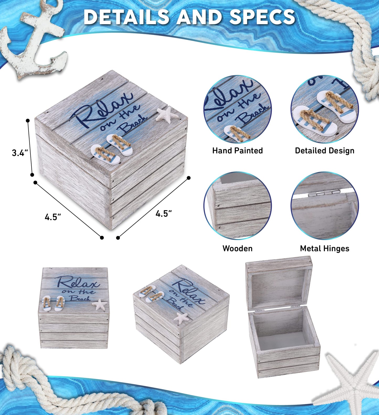 CoTa Global Aqua Sky Relax Wooden Box - Medium Handcrafted Nautical Trinket with Sandals and Starfish Decoration, Accent Tabletop Home Decor, Beach…