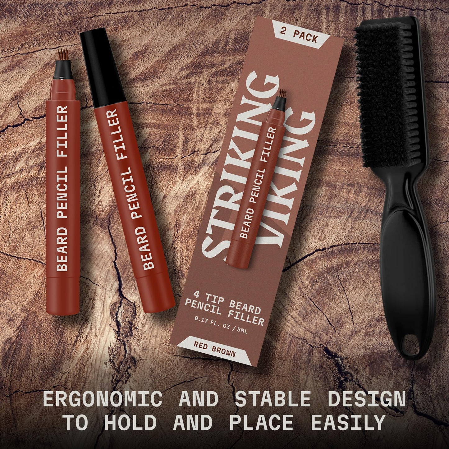 Striking Viking Beard Pencil Filler for Men - Red Brown, 2 Pack - Temporary Beard Dye - Waterproof Sweatproof Long Wear Beard Filler Pen for Touchups