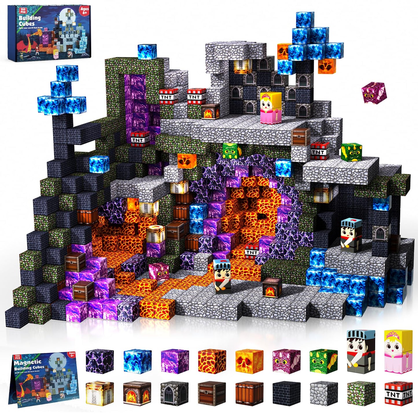 GraceDuck Magnetic Blocks 150pcs – Build Dark Castle & Sword World, STEM Montessori Construction Cubes for Kids Ages 6-10