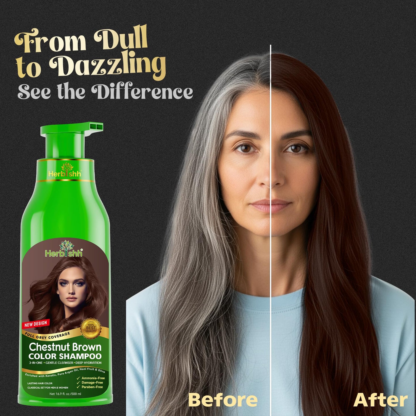 Herbishh Hair Color Shampoo for Gray Hair - Natural Hair Dye Shampoo - Lasts Up To 3-4 Weeks - 500ML - 3-In-1 Hair Color - Colors, Cleanses