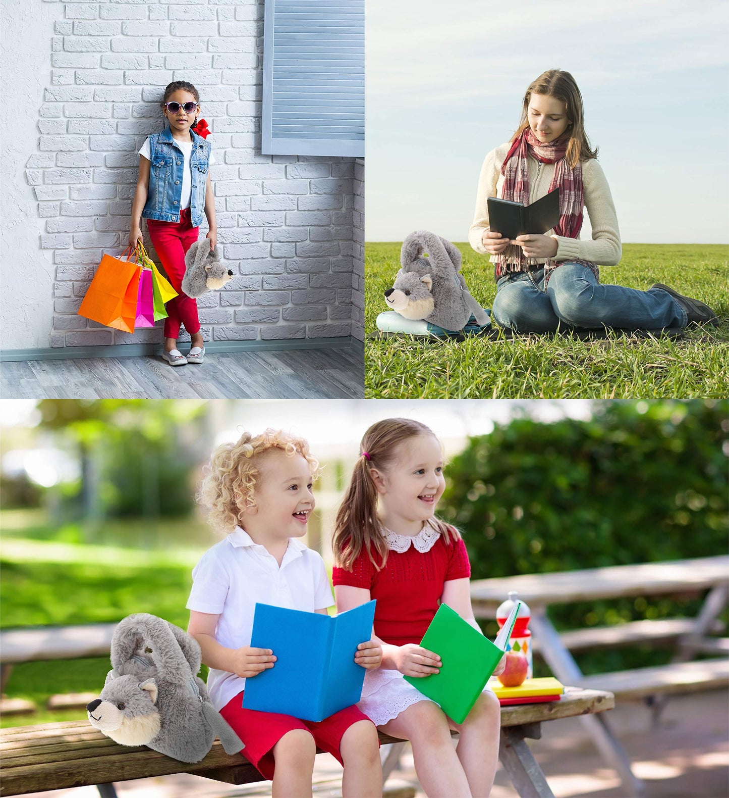 DolliBu Gray Wolf Plush Handbag - Super Soft Plush Stuffed Animal Purse for Children's Accessories, Kids Hand Bag Toy Purse, Pretend Play, Fluffy…