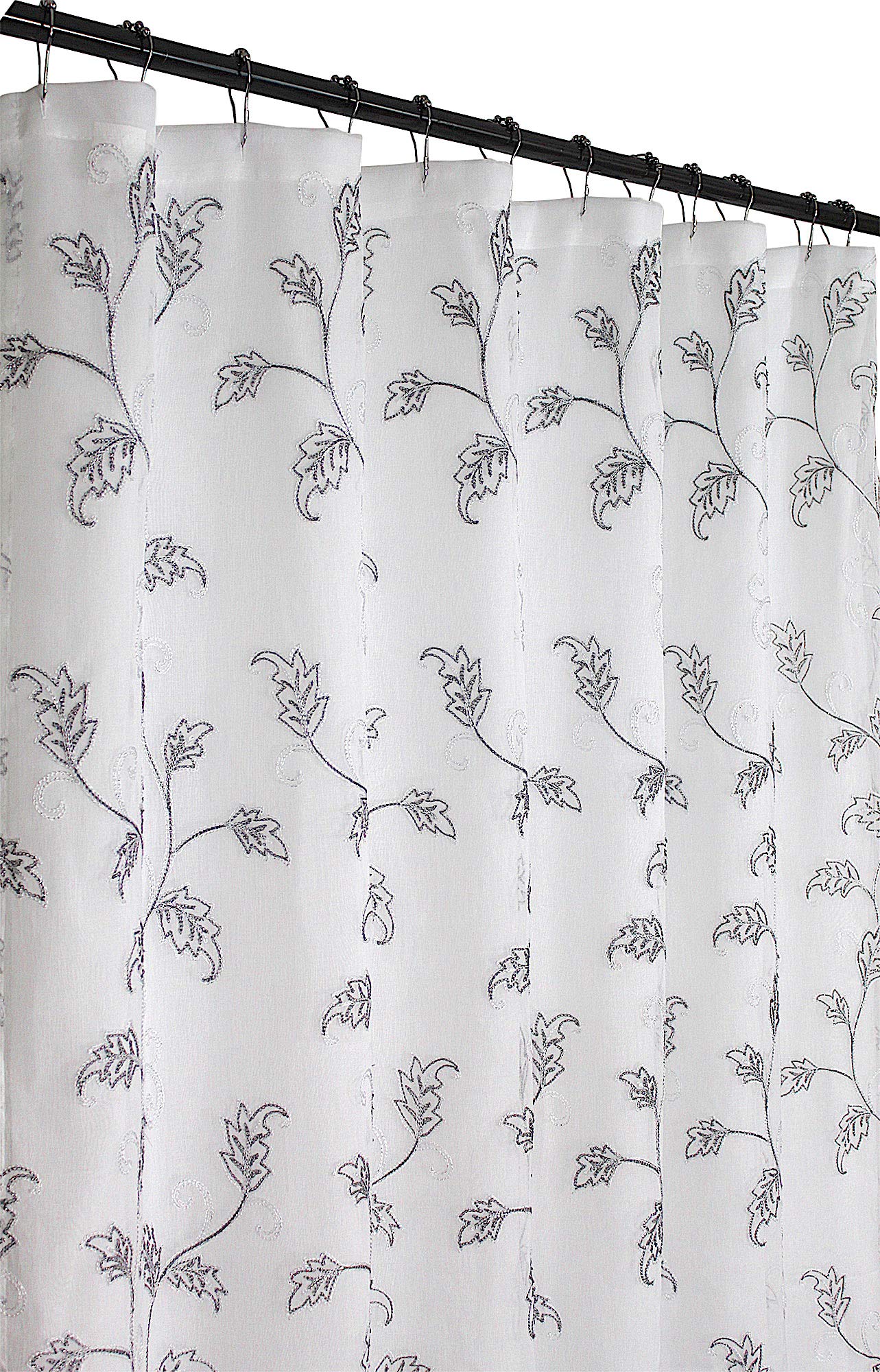 SERAFINA Decorative Sheer Fabric Shower Curtain: Two Toned Grey and White Embroidered Leaves with Metallic Threading (White/Grey) 70 x 72