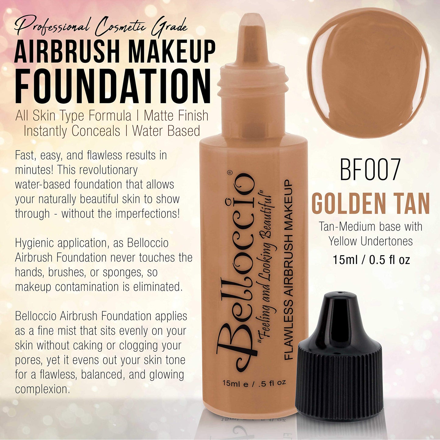 Belloccio's Professional Cosmetic Airbrush Makeup Foundation 1/2oz Bottle: Golden Tan- Medium Yellow Undertones