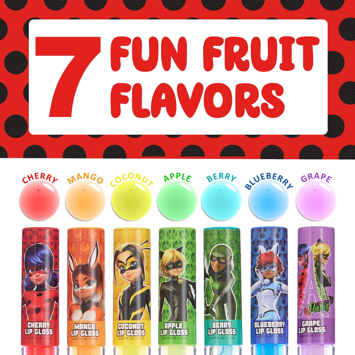 Miraculous 7pc Lip Gloss Set - Zag Heroez Lipgloss Collection Featuring Exciting Fruit Flavors & Precision Applicator Lip Gloss Tubes With Wand