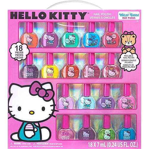 Hello Kitty Non-Toxic Water-Based Peel-Off Nail Polish Set with Glittery, Shimmery & Opaque Colors for Girl Kids Ages 3+, Perfect for Parties