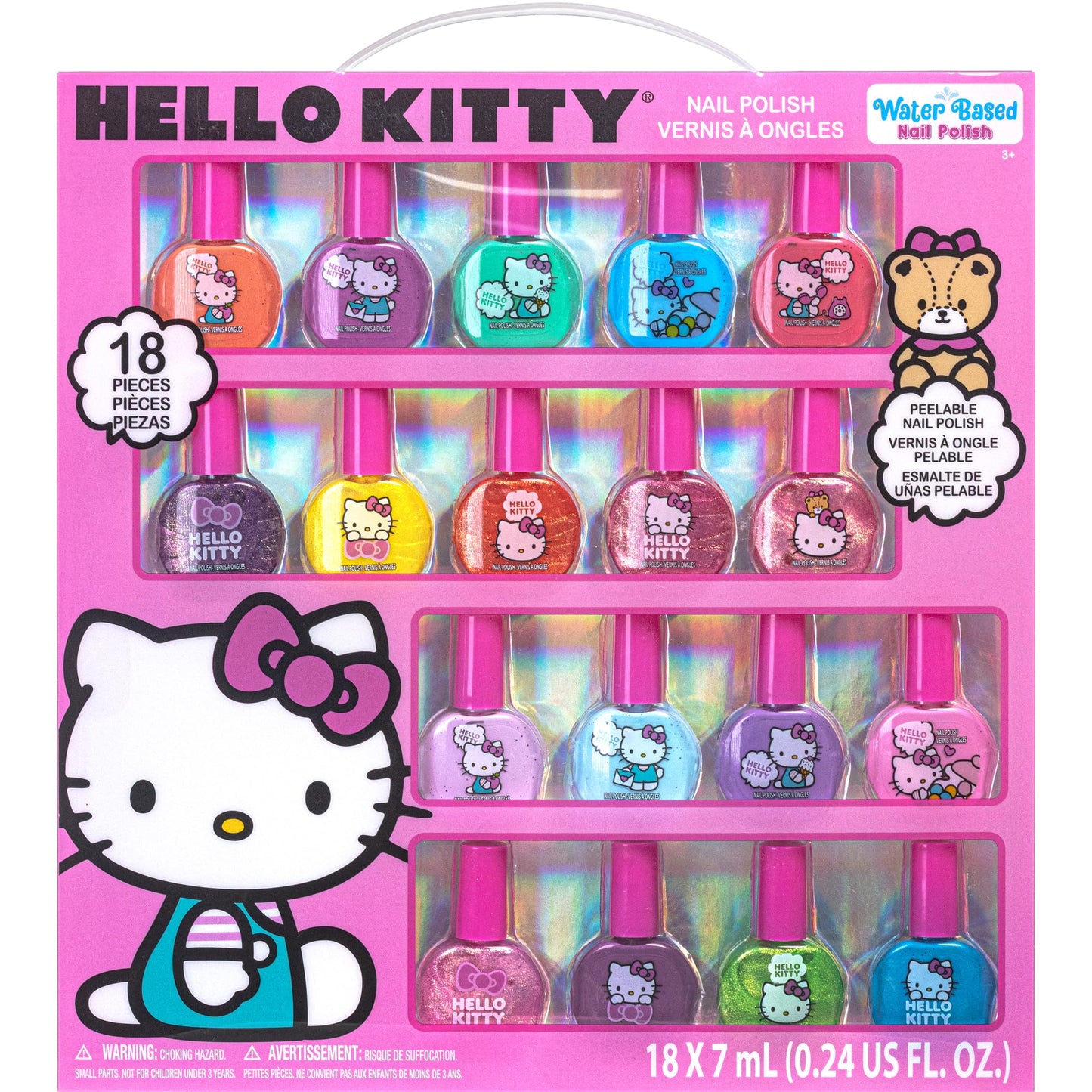 Hello Kitty Non-Toxic Water-Based Peel-Off Nail Polish Set with Glittery, Shimmery & Opaque Colors for Girl Kids Ages 3+, Perfect for Parties