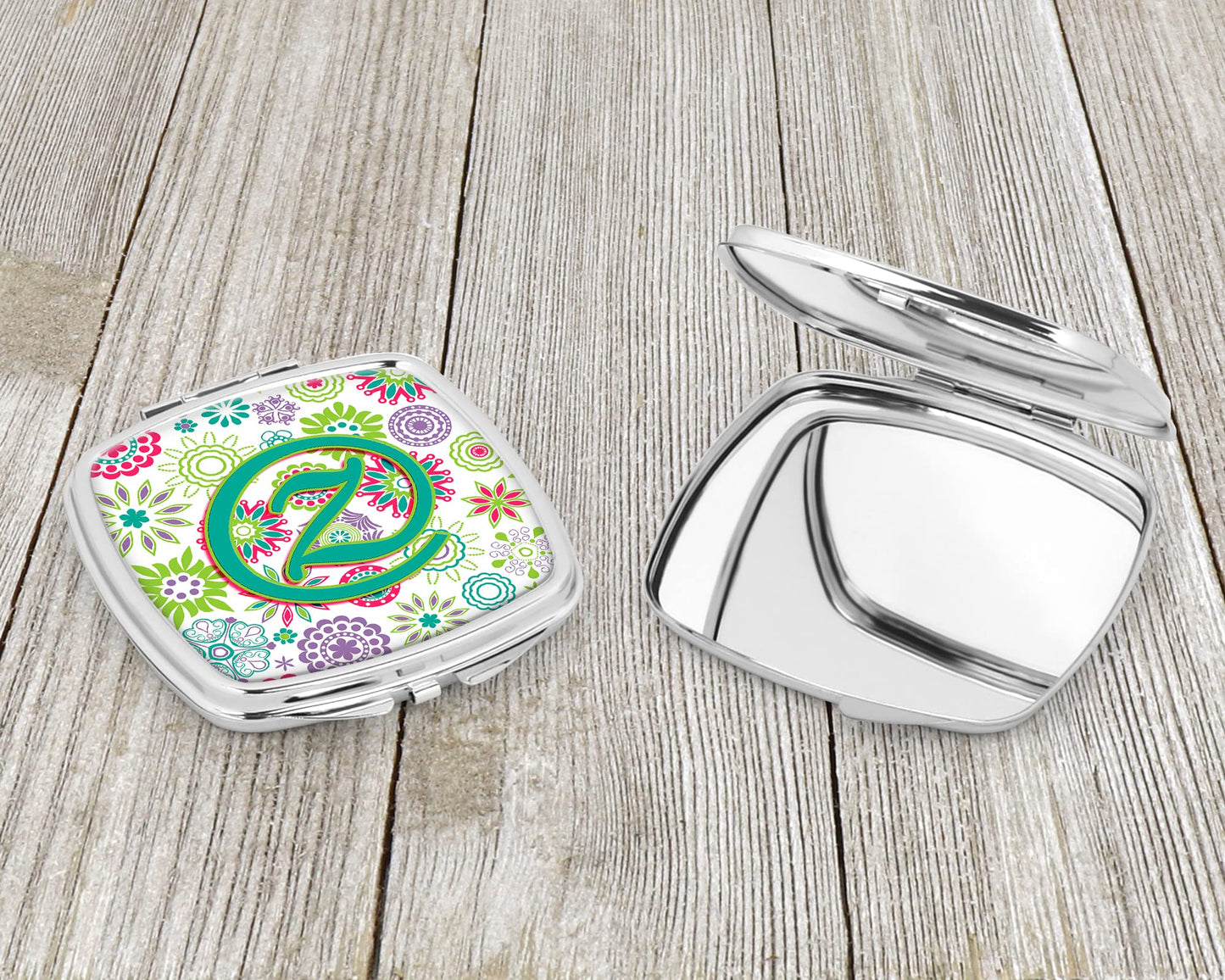 Caroline's Treasures CJ2011-ZSCM Letter Z Flowers Pink Teal Green Initial Compact Mirror Decorative Travel Makeup Mirror for Women Girls Gifts Pocket