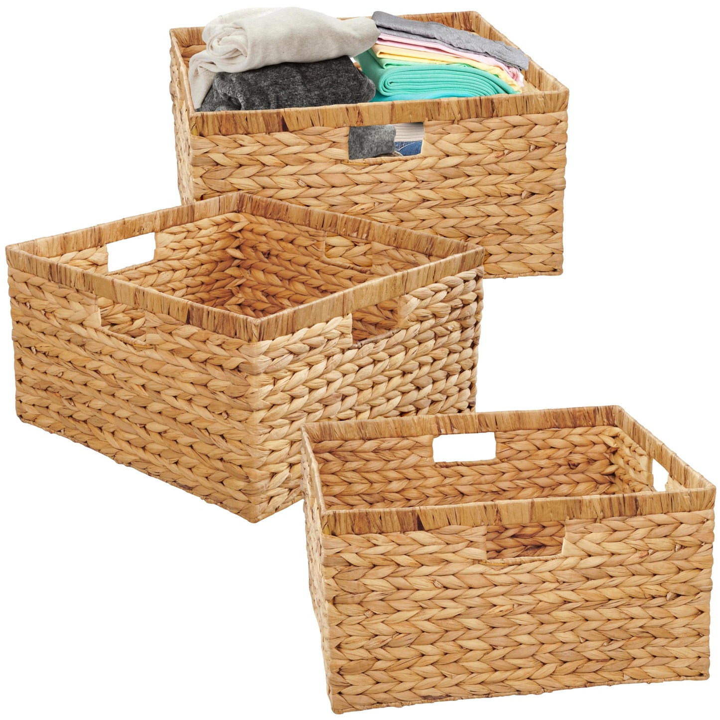 Large 14.5” x 13.5” x 8” (Set of 3) Natural Water Hyacinth Woven Storage Baskets, Rectangular Wicker Basket with Built-in Handles, Large (Natural)