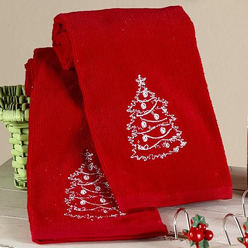 Christmas Tree Hand Towels with Red Chalkboard Style - Set of 2