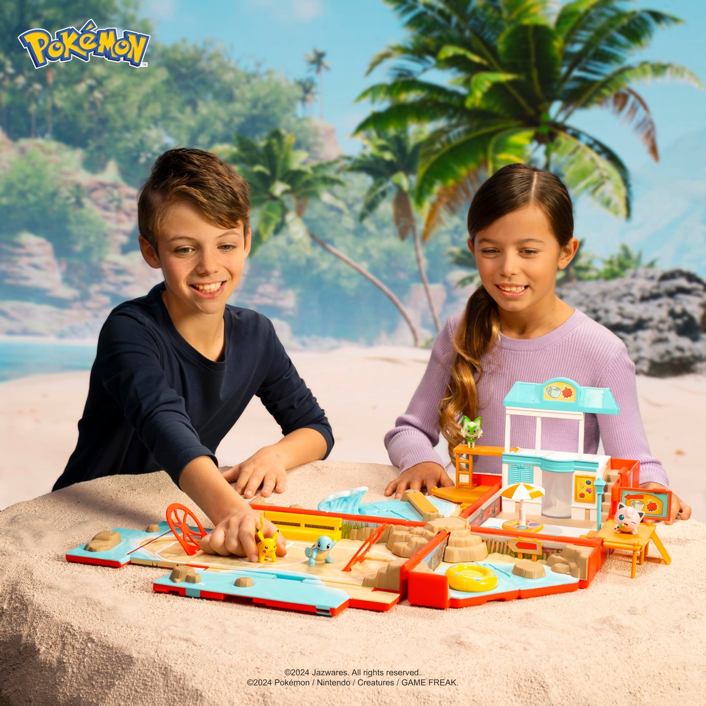 Jazwares Pokemon Carry Case Beach Battle Playset - Portable Transforming Backpack Playset with Action Features and 2-inch Pikachu Battle Figure