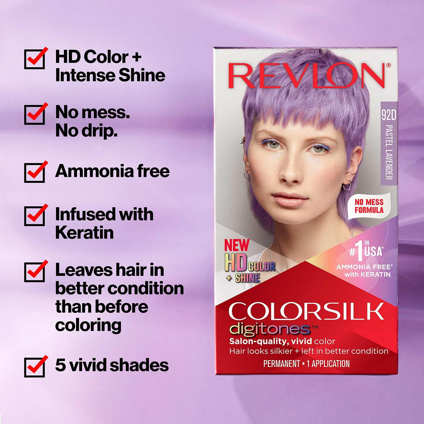 Revlon ColorSilk Digitones Permanent Hair Color with Keratin, 92D Pastel Lavender, 1 Count