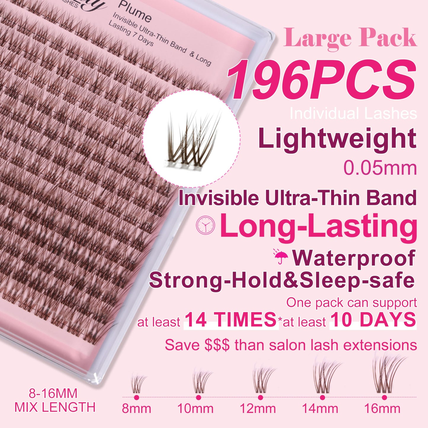 Plume Brown Lashes Natural Lash ClustersWith Invisible Band DlY Lash Extension Kit Eyelash Kit with Bond and Seal 8-16mm C Curl Beginner Individual Beauty and Personal Care Kisslily