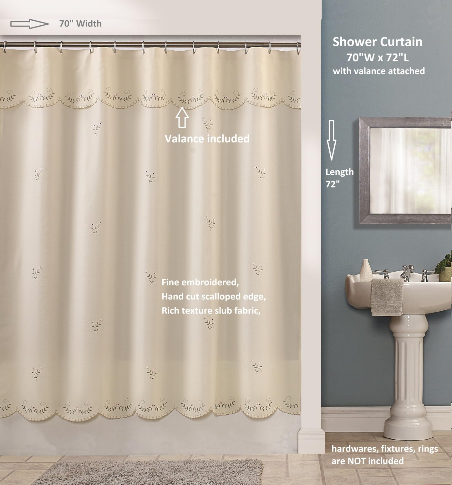 Today's Curtain, Forget-Me-Not Shower Curtain, Ecru/Rose, 70" W x 72" L, with Valance