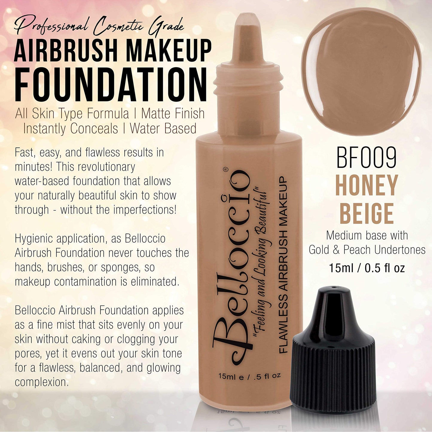 Belloccio's Professional Cosmetic Airbrush Makeup Foundation 1/2oz Bottle: Latte- Medium with Golden, Peachy Undertones