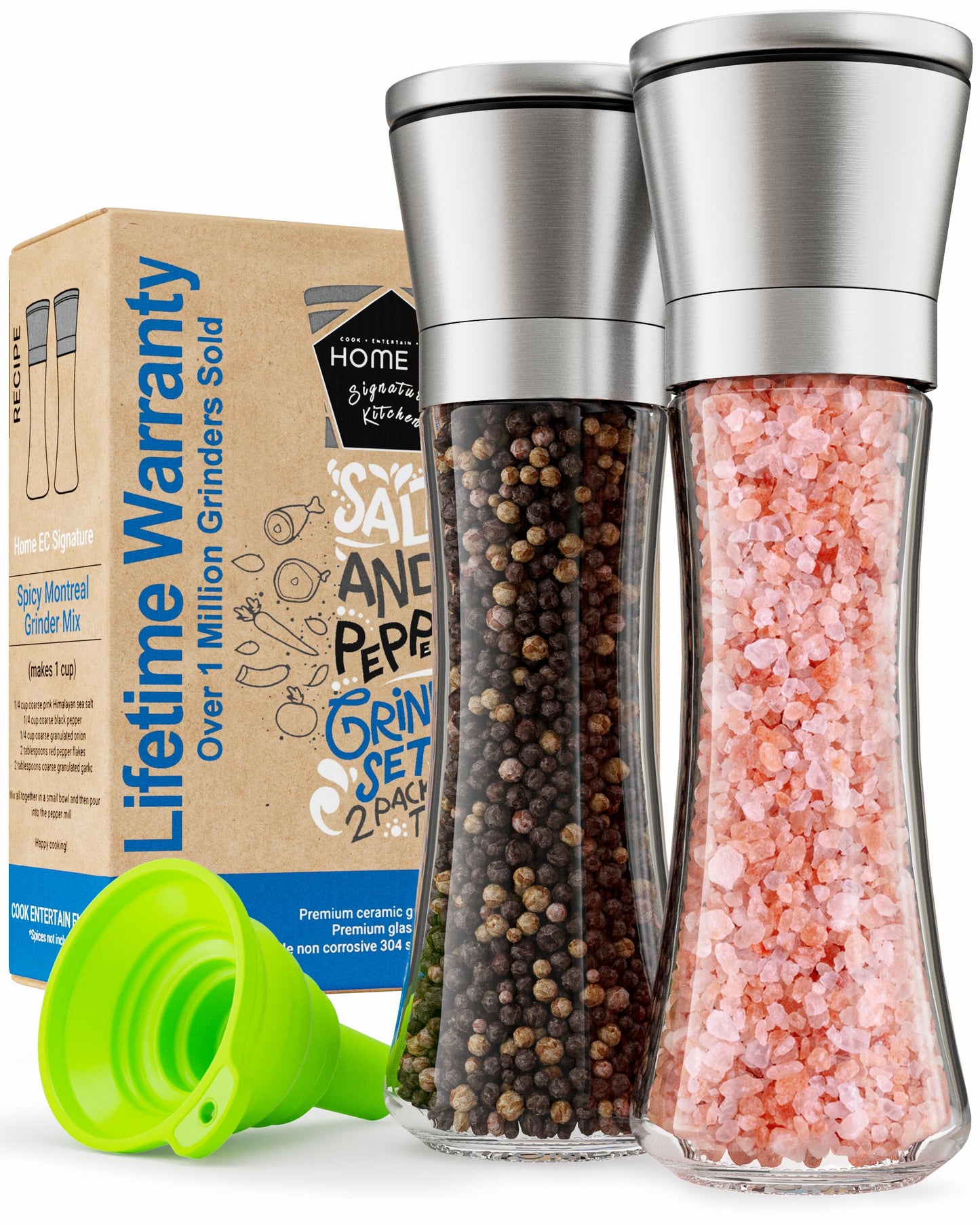 Home EC Premium Stainless Steel Salt & Pepper Grinder Set – Adjustable Ceramic, Tall Glass Shakers with Funnel & Recipe eBook