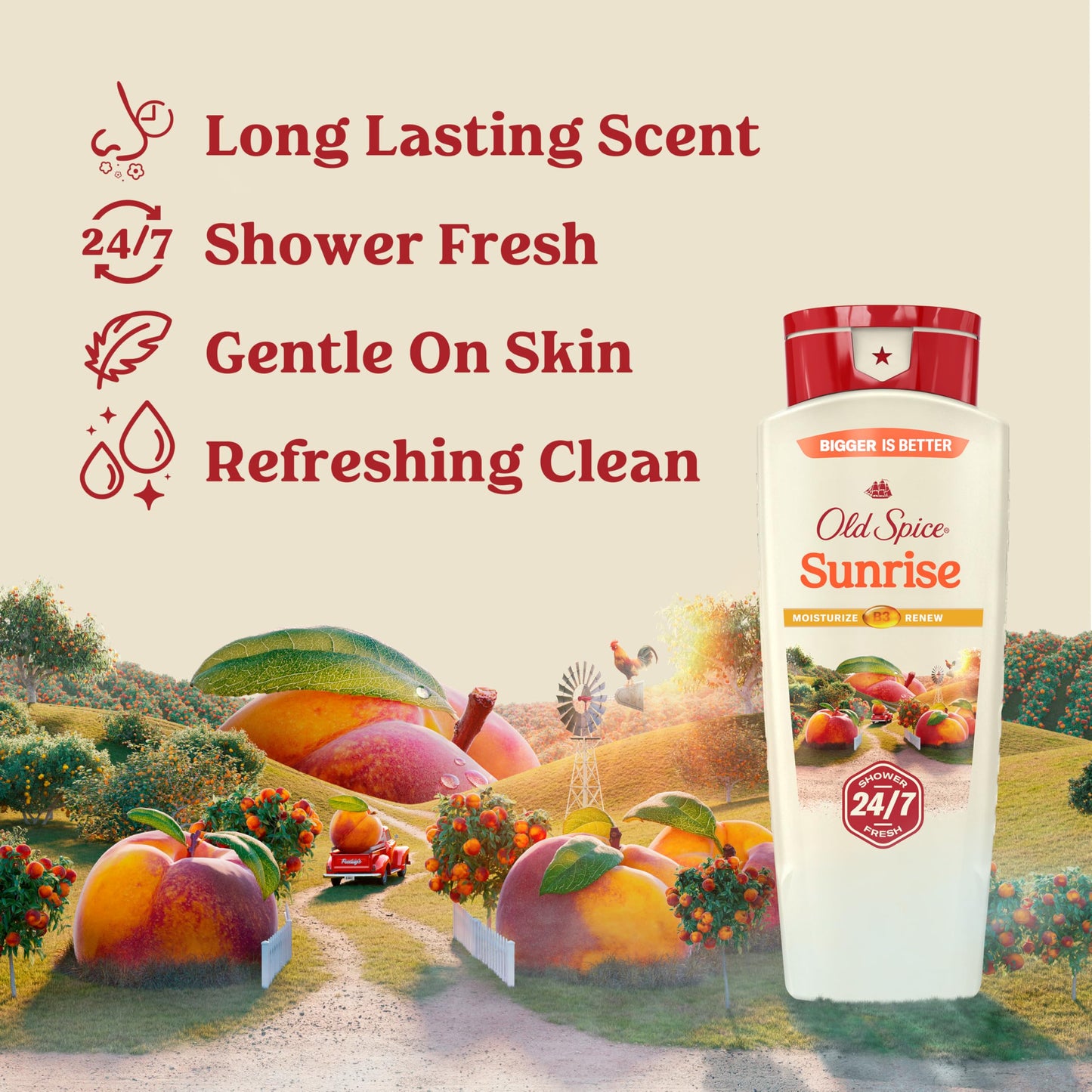 Old Spice Cleansing Body Wash for Men, 24/7 Shower Fresh with Lasting Scent, Moisturize & Renew, Gentle on Skin, Vitamin B3, Sunrise with Peach +