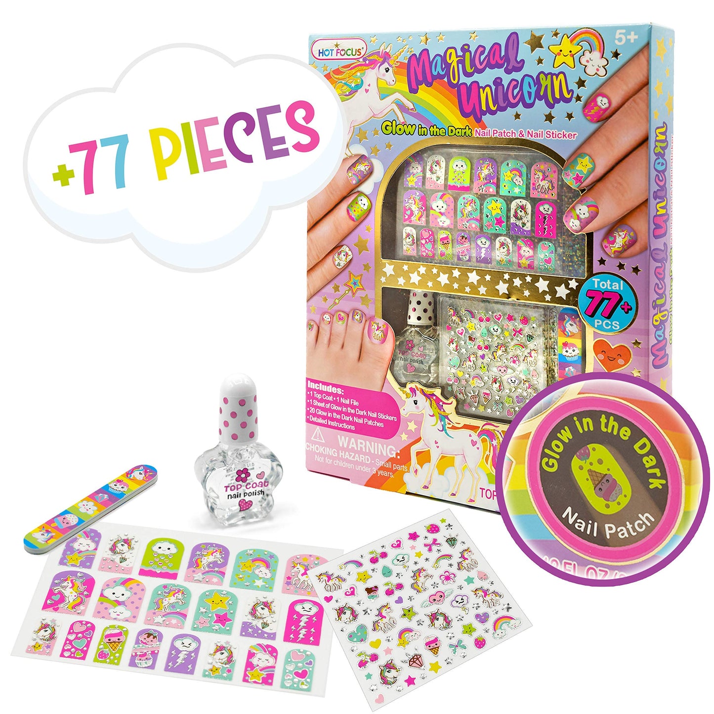 Hot Focus Unicorn Nail Kit - Kids Nail Polish Set for Girls Ages 5 6 7-12 with 77+ Pieces, Spa Kit, Nail Art Decoration Set, Glow-in-the-dark