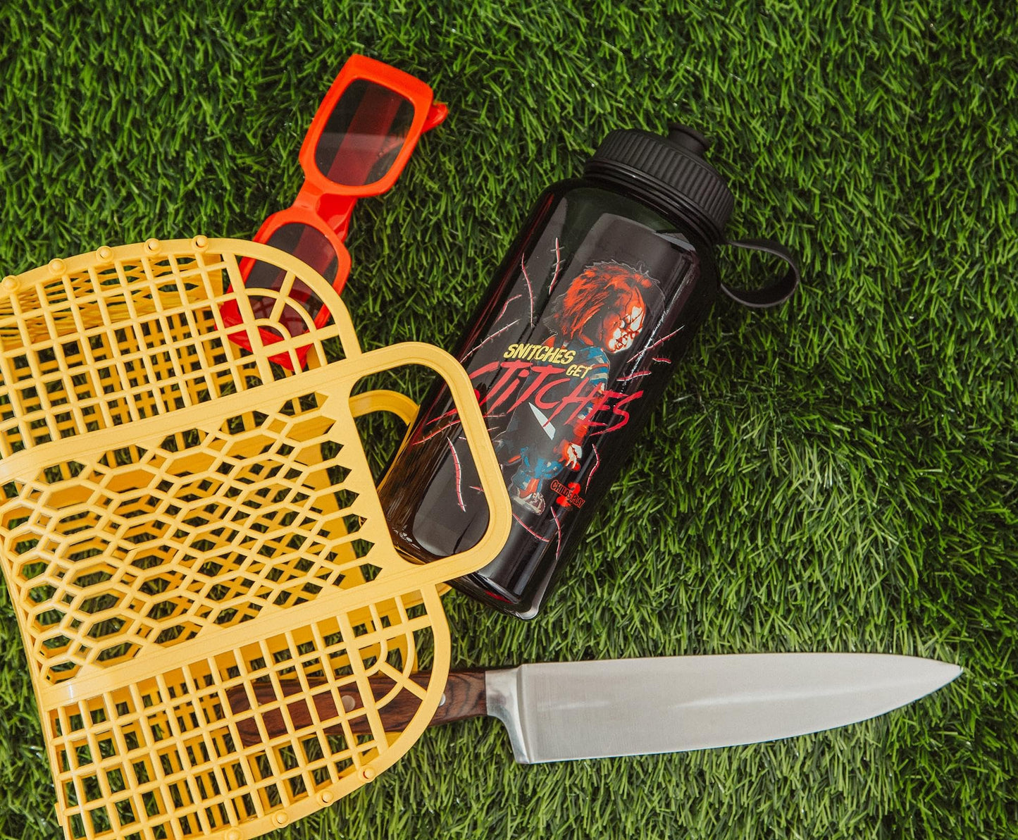 Child's Play 2 Chucky "Snitches Get Stitches" Water Bottle With Spill-Resistant Sports Cap Lid | Large Plastic Sports Jug | Holds 34 Ounces