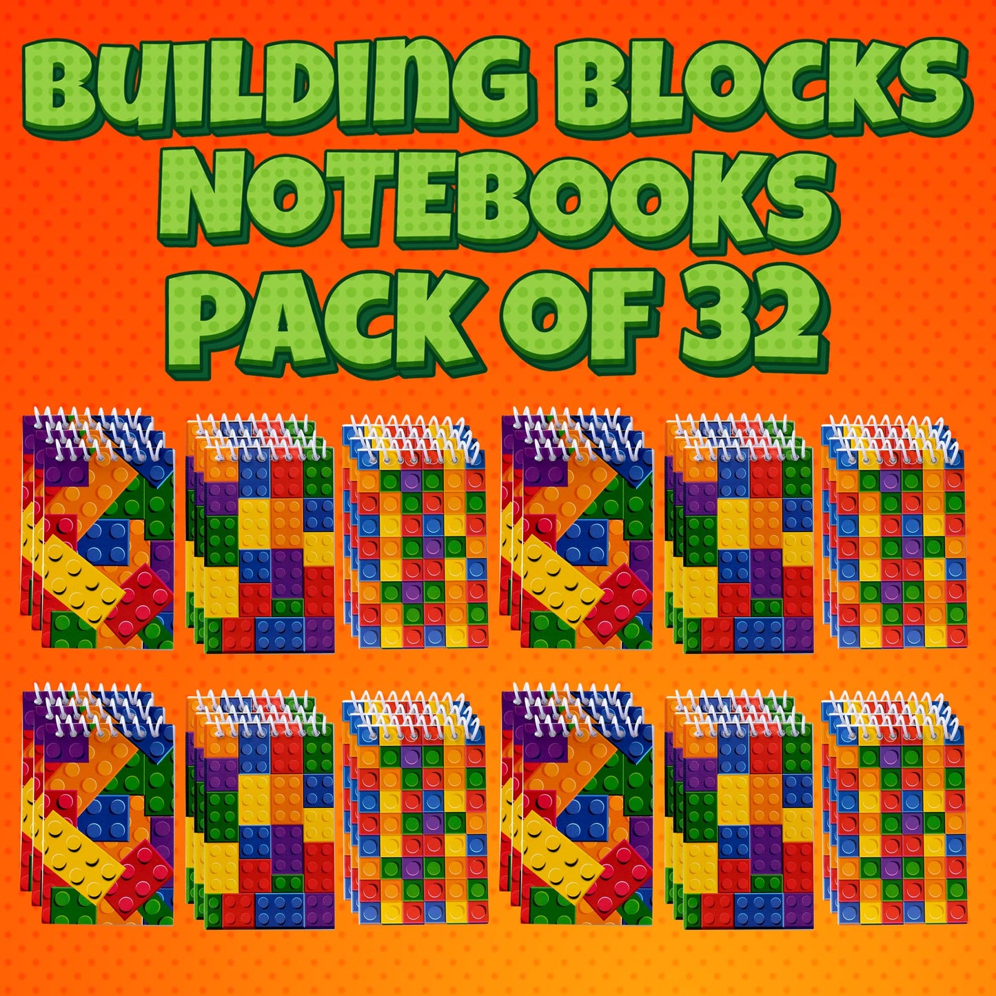 Bedwina Mini Building Block Notebooks Bulk 32 Pack – Pocket Spiral Notepads in Brick Styles, Party Favors, Goodie Bag Stuffers, Classroom Rewards