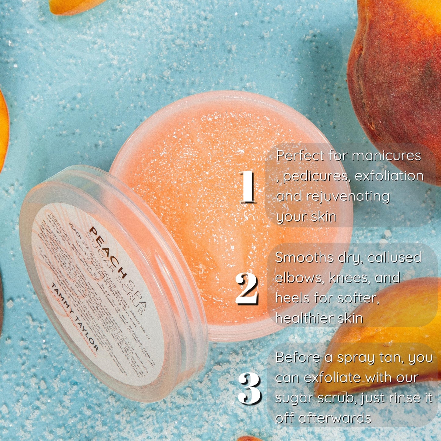 Tammy Taylor Natural Sugar Scrub for Body, Hands, Elbows, Knees, Heels and Feet, Peach Spa Essential Oil Exfoliating Body Scrub for Women and Men
