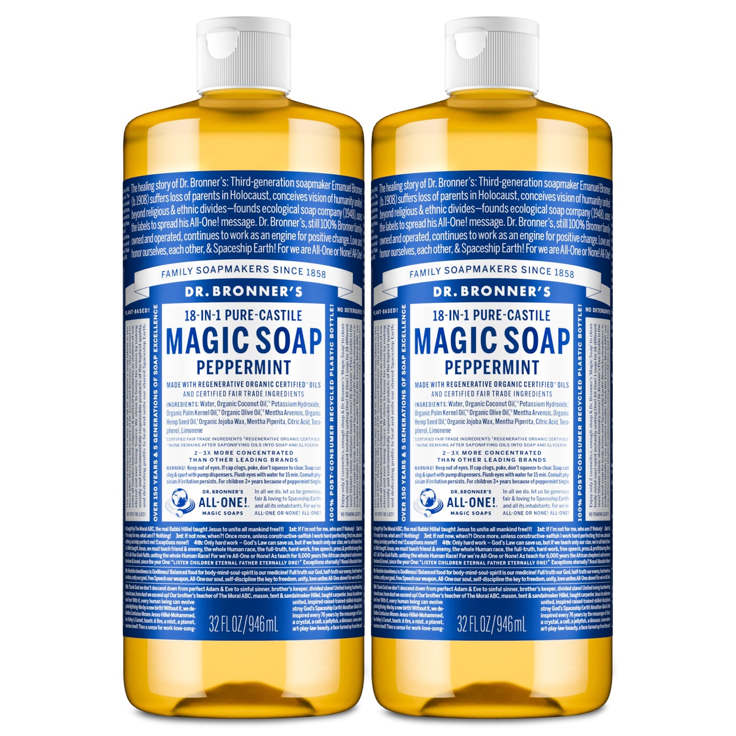 Dr. Bronner's Pure-Castile Magic Liquid Soap- Made with Regenerative Organic Oils- For Body, Face, Hair, Dishes, Pets, Laundry Natural, Vegan, Non-GMO