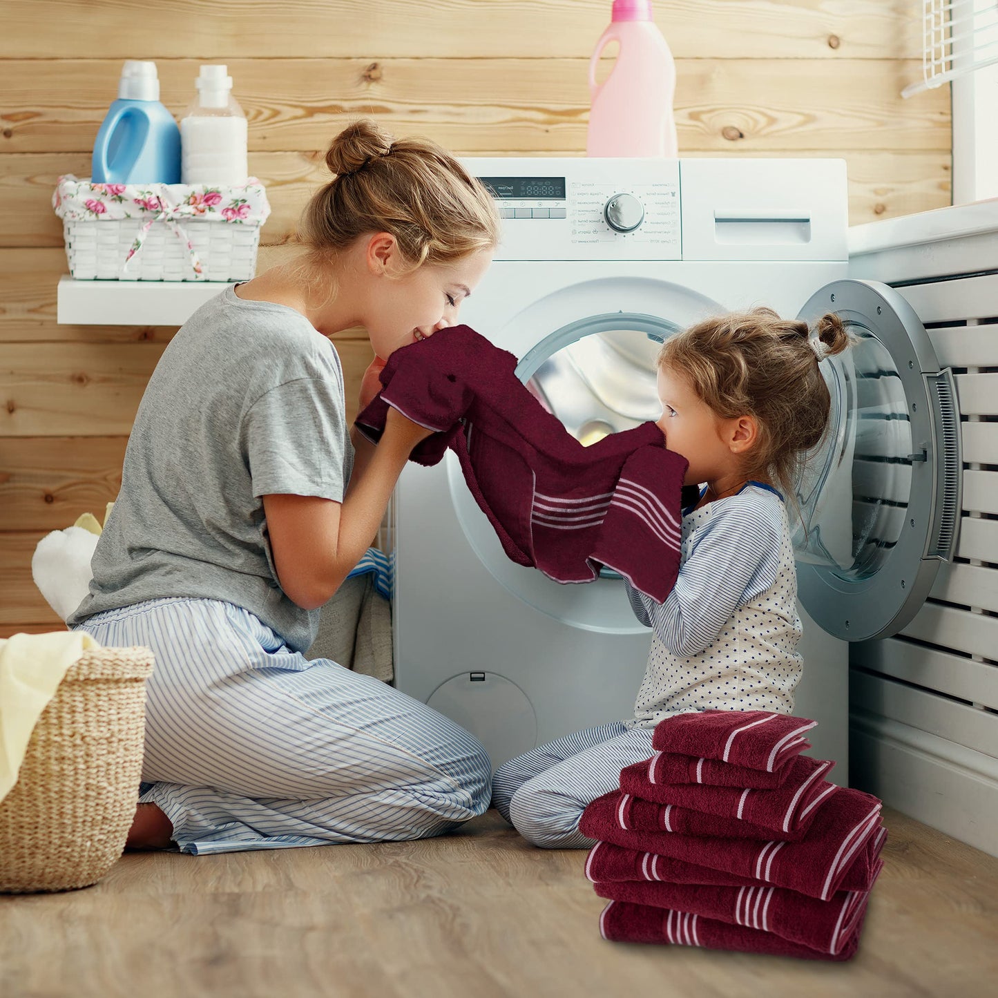 8-Piece Towel Set - Cotton Bathroom Accessories with 2 Bath Towels, 2 Hand Cloths, 2 Washcloths, and 2 Fingertip Cloths by Bedford Home (Burgundy)