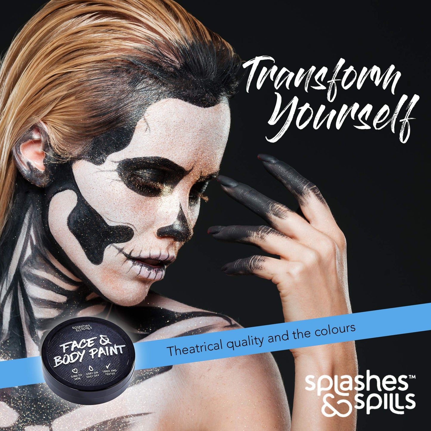Water Activated SFX Face and Body Paint - Black Face Paint, Special Effects Makeup 18g Cake Tub - Pretend Costume and Dress Up Makeup - Great