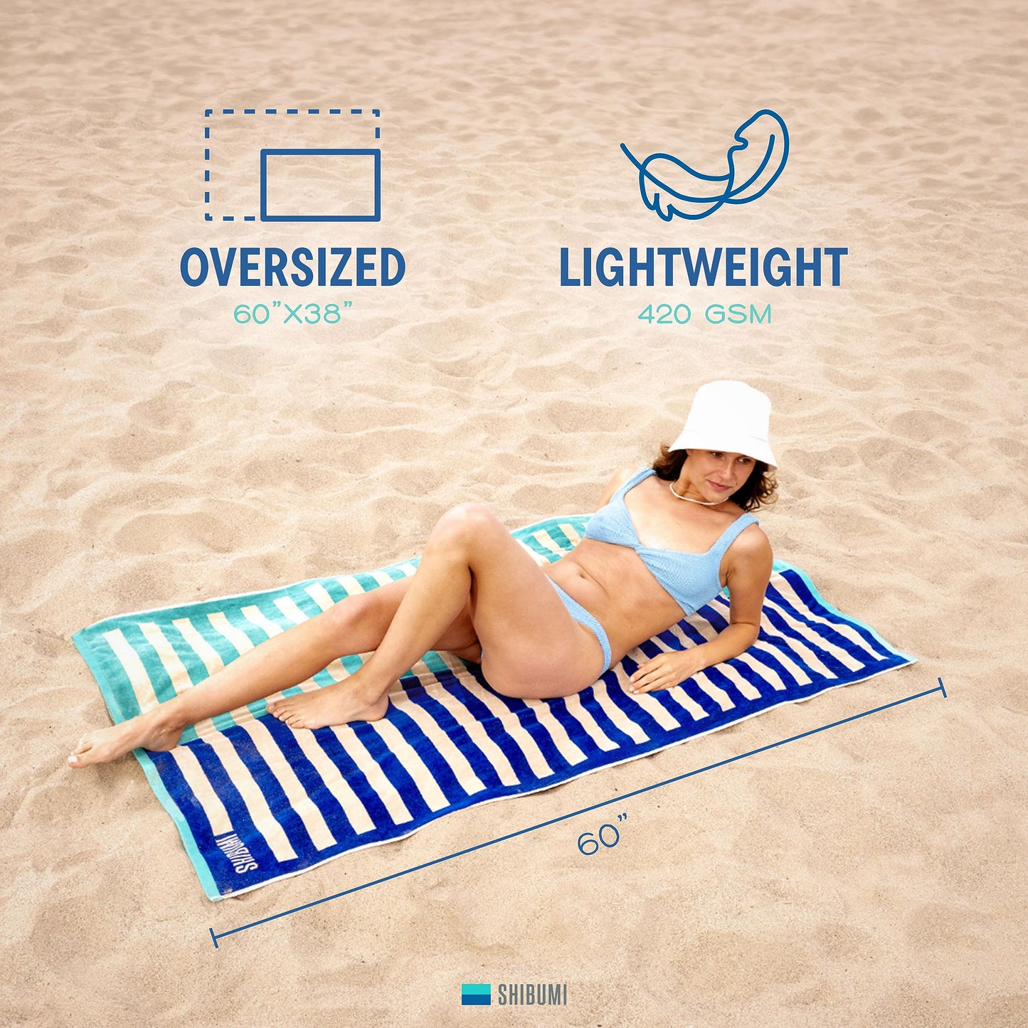 Shibumi Luxe Towel, Ebb & Flow, 35"" x 68"", Oversized and Lightweight Beach Towel, Extra Soft Velour Front and Absorbent Terry Back, 100% Cotton…