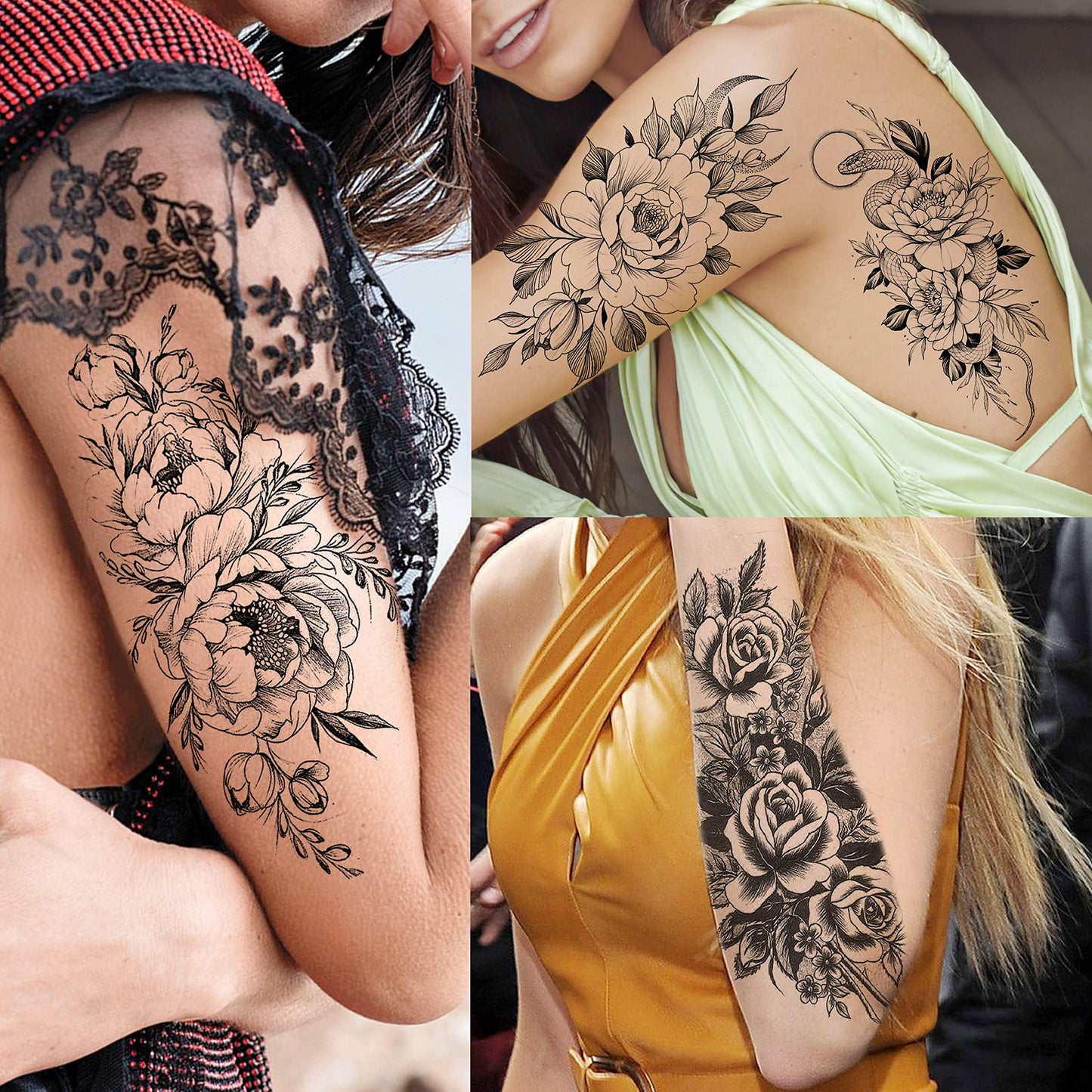 VANTATY 63 Sheets Realistic Black Rose Peony Flower Temporary Tattoos for Women Adults Body Art Arm, Snake Fake Floral Sketch Sleeve Tattoo Sticker Beauty and Personal Care VANTATY